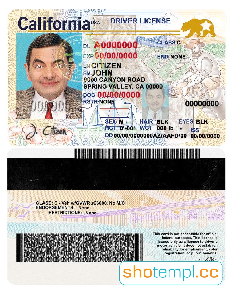 California Driver License PSD Template V2